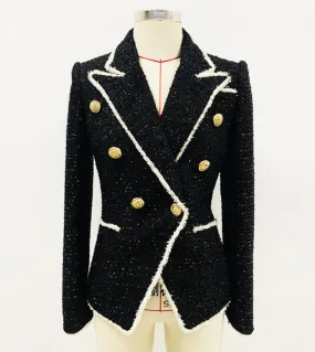 Blazer da donna di lusso New Black White Splicing Wool Doppio petto imbottito Blazer con bottoni in metallo