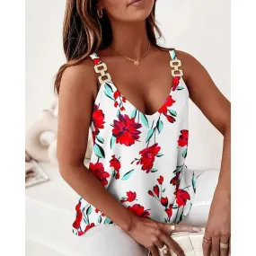 Maglietta estiva da donna con scollo a V taglio basso Canotte da donna Vacanza casual Gilet floreale allentato Maglietta Abbigli